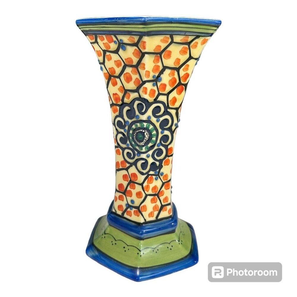 Tula Czechoslovakian Ditmar Urbach Cobalt Eye Dot Hand Painted Vase 10”
